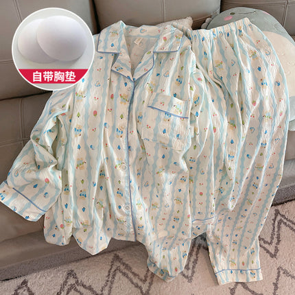 Source Factory New Spring and Autumn Popular Cloud Cotton Sweet Pajamas with Fixed Chest Pads, Long Sleeves and Long Pants Loungewear Set