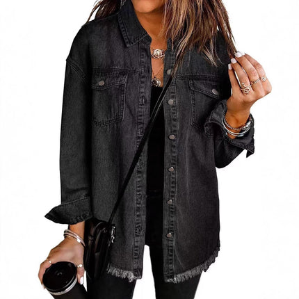 Cross-border New Washed Denim Shirt Jacket 2024 European and American Women's Autumn and Winter Distinctive Street Style Edge Hem Jacket