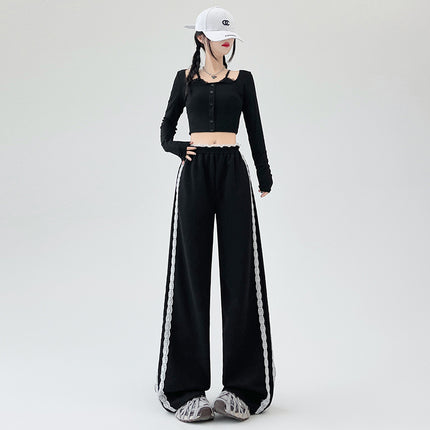 Mynk1862 Lace Casual Pants Women's 2025 Autum New Style High-Waisted Slim Straight Floor-Length Pants