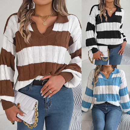 Clearance Sale Autumn and Winter Casual V-Neck Color-Blocked Cable Knit Lantern Sleeve Pullover Sweater Independent Cross-Border European and American Women's Fashion