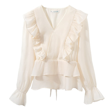 2025 Early Spring Super Fairy Ruffled Chiffon Shirt Foreign Style Age-reducing Light Mature Goddess Fan Long Sleeve V-neck Shirt for Women