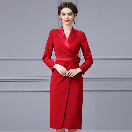 Zhili Red Three-Dimensional Floral Waist-Cinching Slimming Suit Dress, Office Style Mature Look, Bodycon Dress, 2026 Spring New Model