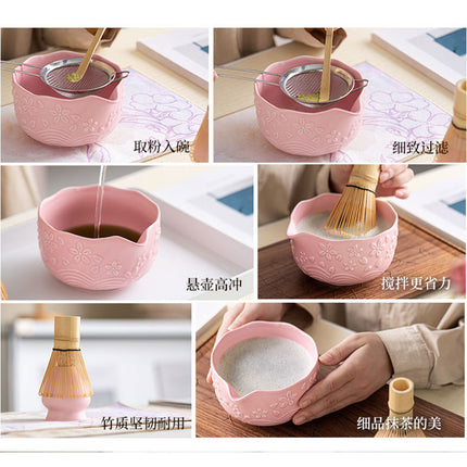 Directly Supplied from the Manufacturer, Exclusively for Cross-Border Trade, Ceramic Matcha Bowl Set with Embossed Cherry Blossom Design, 7-Piece Set with Spout, High Aesthetic Value, Color Box Packaging