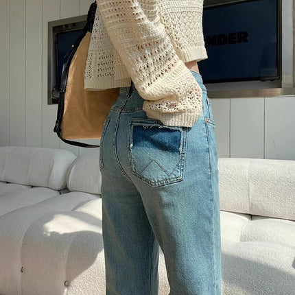 High Waist Slimming Straight Jeans Women's Autumn Thin New Arrival Casual All-match Design Nine-point French Stick Pipe Pants