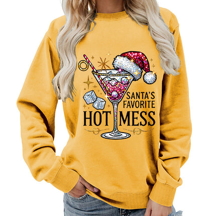 Amazon source hot mess wine glass printed round neck jacket sweater European size European and American women's coat long sleeve Asia