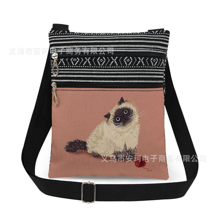 Cross-Border New Product Double Zipper Cat Print Single Shoulder Crossbody Bag Ultra-Light Cross-Border Style Messenger Bag Fashionable and Cute Women's Bag