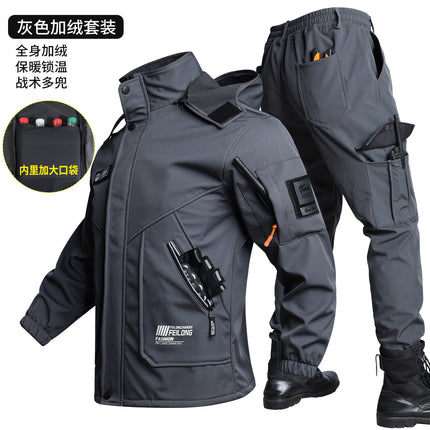 Men's Autumn and Winter Fleece-Lined Thickened Softshell Tactical Outdoor Sports Workwear Suit, Waterproof and Windproof