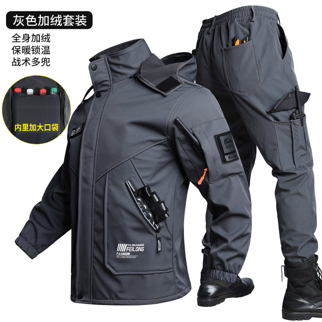 Men's Autumn and Winter Fleece-Lined Thickened Softshell Tactical Outdoor Sports Workwear Suit, Waterproof and Windproof