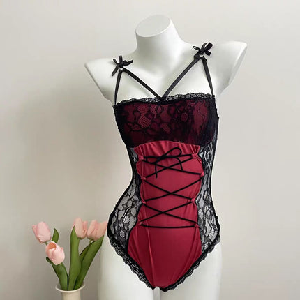 Sexy one-piece red one-piece lace stitching open-end free one-piece delivery
