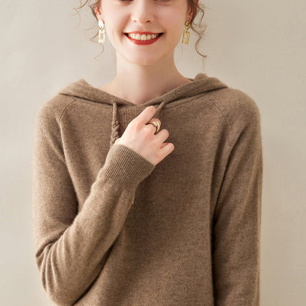 High-grade cashmere sweater women's autumn and winter New hoodie can be worn outside hooded solid color cashmere sweater loose drawstring sweater