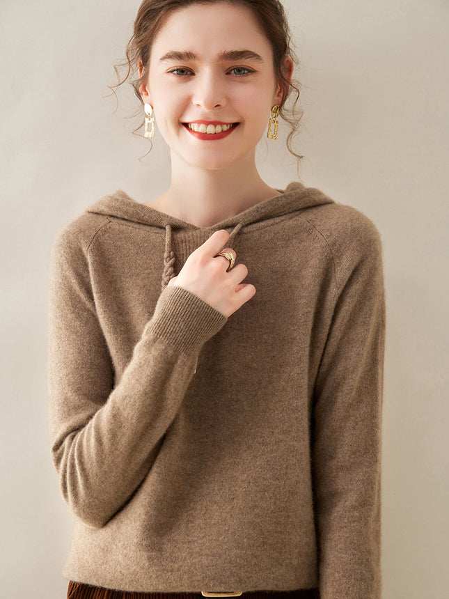 High-grade cashmere sweater women's autumn and winter New hoodie can be worn outside hooded solid color cashmere sweater loose drawstring sweater