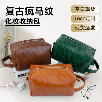 Cross-Border Travel Large-Capacity Pu Leather Makeup and Toiletry Storage Bag Retro Crazy Horse Leather Waterproof Handbag Niche High-End