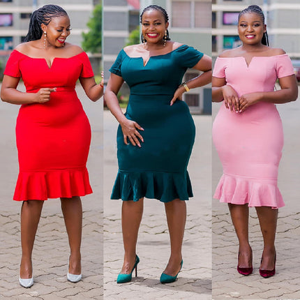 European and American plus size Women's Short-sleeved Open-shoulder V-neck Ruffled dress Dress JX073