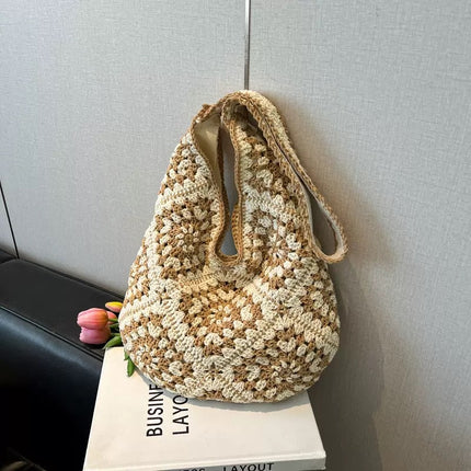 New Single-Shoulder Cotton Hand-Woven Bag Ins Straw Woven Bag Large Capacity Tote Bag Vacation Beach Bag Women's Bag
