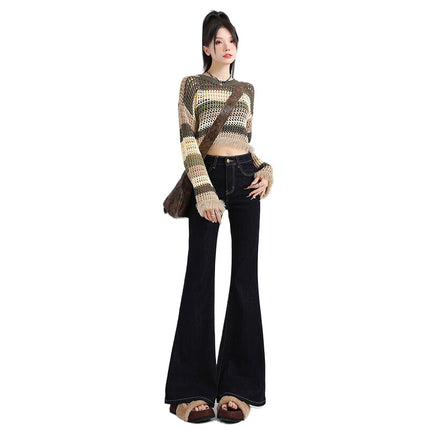 Bumi House American-style Tannin Micro-blared Jeans Women's New Spice Girl High Waist Slim-fit Button Pocket Slim-fit Flare Pants