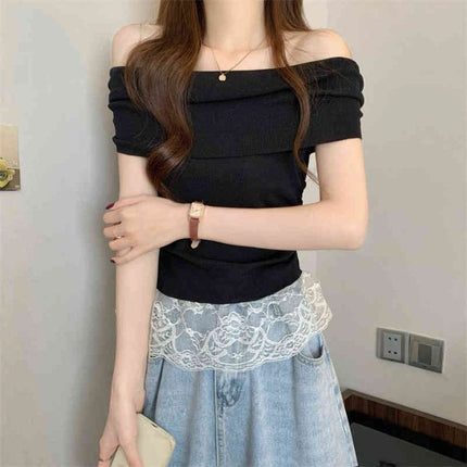 Green off-shoulder short-sleeved top women's dopamine in early summer is beautiful and beautiful and pure waist T-shirt