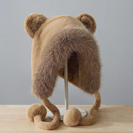 Little Bear Plush Hat for Women, Outdoor Cycling Warm Ear Protection Hat, Windproof and Cold-Resistant, Sweet Princess Style with Bear Ears, Chanel-Inspired