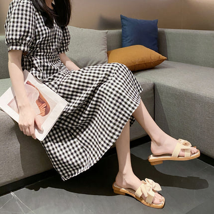 Internet Celebrity New Square Toe Fairy Style Bow Slippers for Women Summer Outer Wear Wedge Heels Fashion Versatile Flats Non-Slip Sandals