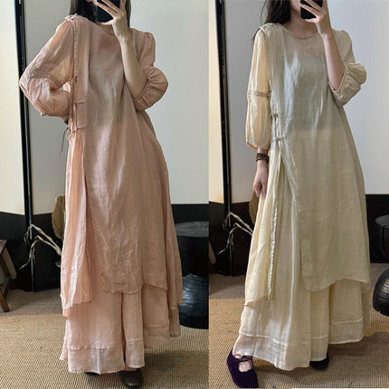 Summer New Style Quality Ramie Handmade Buckle Lace Lace Guofeng dress Double-Layer Skirt suit