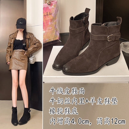 Cow Suede Retro Maillard Short Boots for Women 2025 Autumn and Winter New Belt Buckle Side Zipper Thick Heel Western Cowboy Boots
