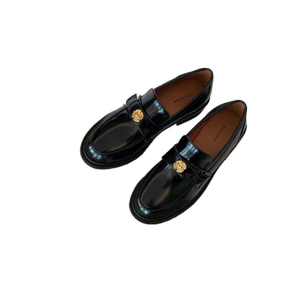 Sheepskin ~ Thick-Soled Small Leather Shoes for Women, Camellia Slip-On Genuine Leather Loafers, British Retro Thick-Heeled Lazy Shoes