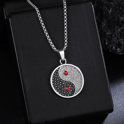 European and American Retro Diamond-encrusted Tai Chi Yin and Yang Transport Pendant Necklace Personalized Woolen Chain Fashionable Pendant Stainless Steel Accessories
