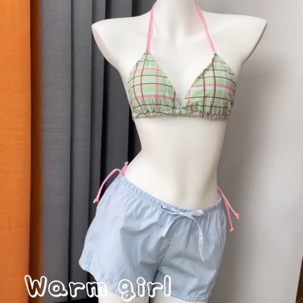 Source Manufacturer Island Vacation Dopamine Green Bikini Three-Point Strap Small Breast Sweet Sexy Swimsuit Fresh