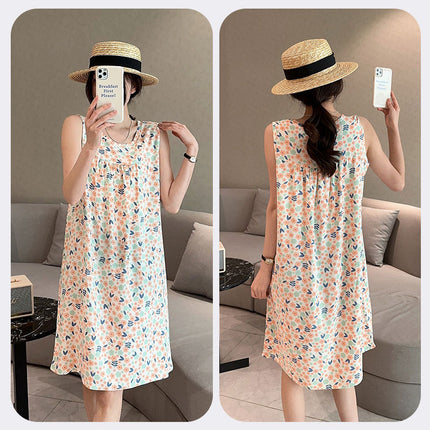 Summer Cotton Silk Nightgown for Women Thin Artificial Cotton Floral Sleeveless Korean Style Loose Large Size Home Wear Pajamas Vest Dress