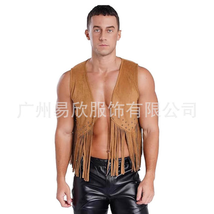 Fringed Vest Men's Imitation Suede Front Open Vintage Vest Sleeveless 70 s Bohemian West Jacket