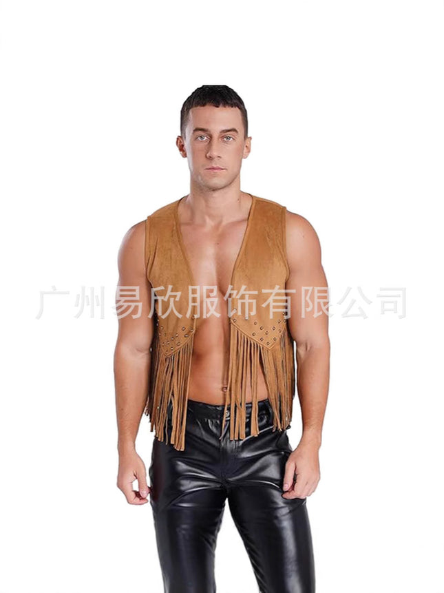 Fringed Vest Men's Imitation Suede Front Open Vintage Vest Sleeveless 70 s Bohemian West Jacket