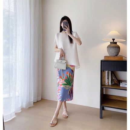 Miyake Pleated Irregular Top Gorgeous Fireworks Printed Opening Midi Skirt Heavy Industry Pleated Straight Skirt Women