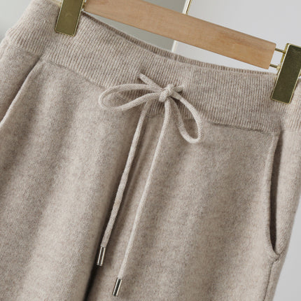 New Pure Wool Leggings Women's Fashion Casual Thickened Knitted Pants Solid Color Lace-up Sesame Dot Outer Pants Trousers