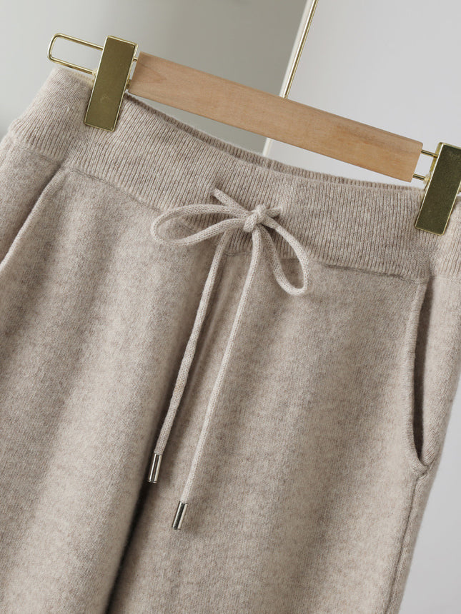 New Pure Wool Leggings Women's Fashion Casual Thickened Knitted Pants Solid Color Lace-up Sesame Dot Outer Pants Trousers