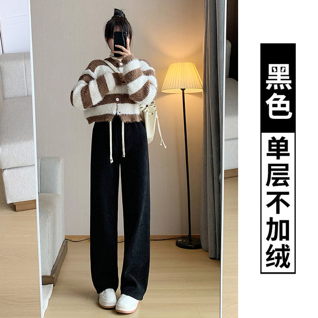 Women's Corduroy Straight Wide Leg Pants Fleece Lined High Elastic Waist Casual Korean Style Black Apricot Gray Brown S-XXL / Pantalon Femme Velours Côtelé Droit Large Polaire Taille Haute Élastique Style Coréen Noir Abricot Gris Brun S-XXL