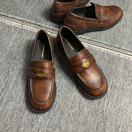 Natural Curly Genuine Leather Gold Coin Lazy Loafers for Women, Retro Elegant, Commuter Autumn and Winter New British Square Heel Small Leather Shoes