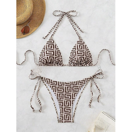 Sexy Split Swimsuit Women's Bikini Cross-border New Deep V Push-up Striped Backless Strap High-end Swimsuit for Women