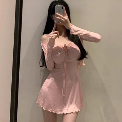 Korean Dongdaemun Gentle and Sexy Little Woman Comfortable Thin Cardigan + Waist-Cinching Figure-Flattering Ruffle Strap Dress