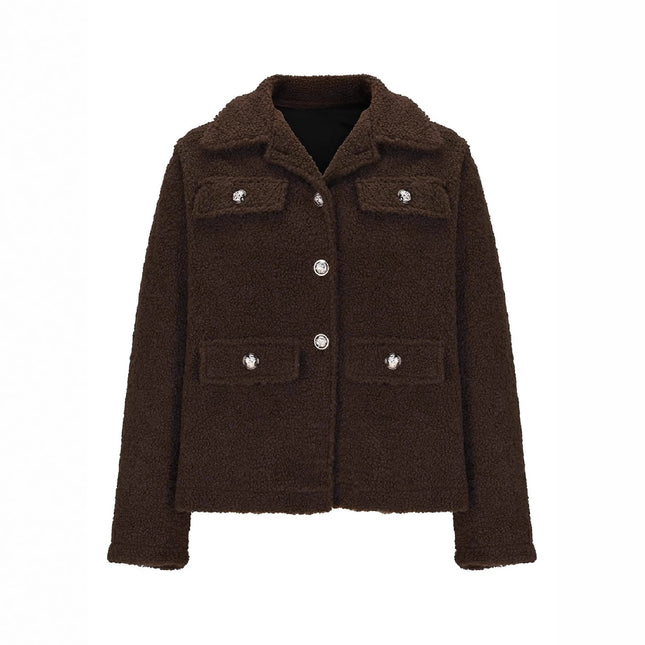 2025 European and American Aliexpress Amazon Autumn Cross-Border New Fashion Solid Color Lapel Button Decorative Plush Jacket