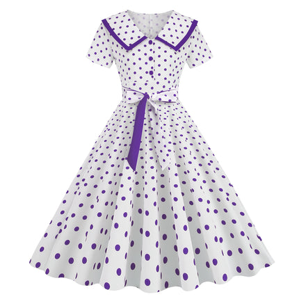 2025 Cross-Border Foreign Trade New Style Lapel Retro Polka Dot Repair Slim Retro Large Hem Dress with Belt Ready for Sale