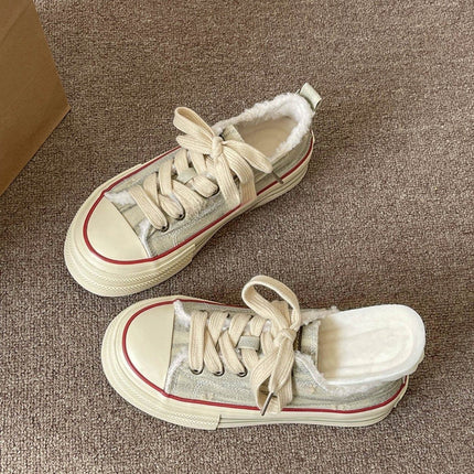 Korean Thick-Soled Canvas Shoes for Women 2025 New Design Niche Fleece-Lined Sneakers Casual Cloth Shoes Starlight Gold