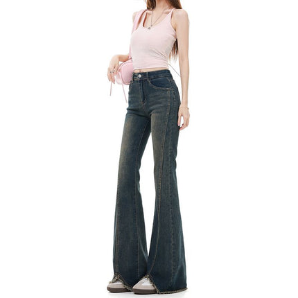 Vintage Blue Flared Jeans for Women, 2025 Summer New High-Waisted Slim-Fit Bootcut Pants with Frayed Edges