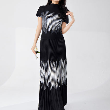 Cross-border Hot Sale Miyake Fashion suit High-end Women's Striped Slim-fit Slimming Short-sleeved T-shirt Pleated Skirt Two-piece Set