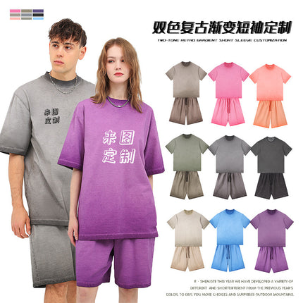 2025 Cross-Border Trendy Brand Gradient Washed and Distressed Men's and Women's 350g Heavy Cotton Loose Shoulder Slip Shoulder T-Shirt Suit