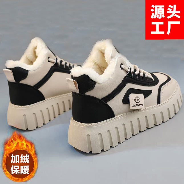 High-top women's shoes 2024 new autumn and winter fleece-lined thick cotton shoes thick-soled casual board shoes comfortable sports dad shoes