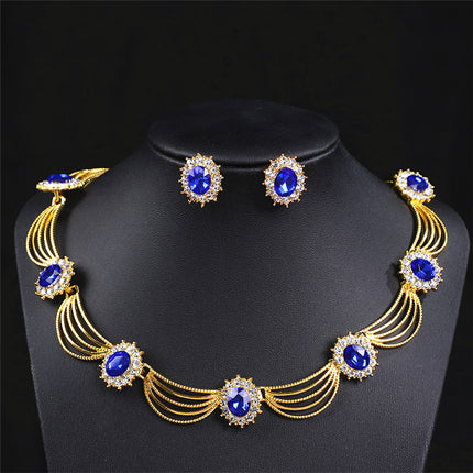Cross-Border Gemstone Necklace, Artistic Retro Medieval Court Jewelry, Fan-Shaped Aesthetic Internet Celebrity Style Necklace and Earrings Set