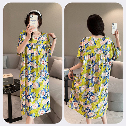 Cotton Silk Nightdress Women's Short-sleeved Artificial Cotton Pajamas Summer Thin Large Size Loose Home Clothes Simple Floral Dress