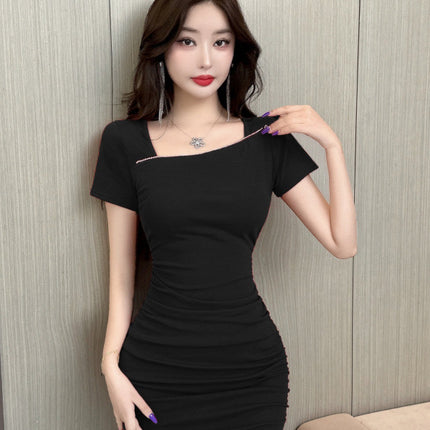 New 9174 Pure Desire Sexy Short Sleeve Dress for Women Nightclub Foot Bath Technician Waist Slimming Pleated Hip Wrap Short Dress