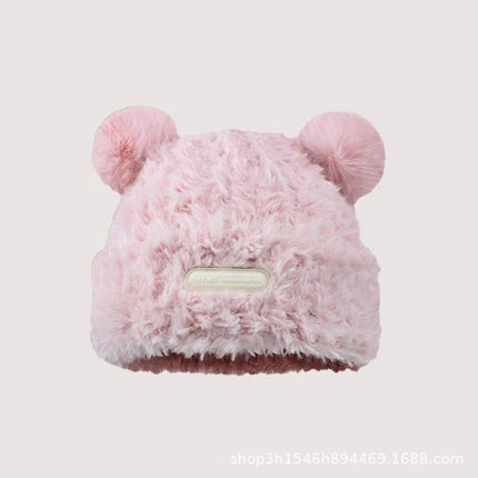 Bear plush knitted hat women's autumn and winter warm anti-fur pullover wool hat face-looking small sweet cute basin hat
