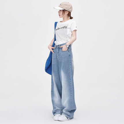 American Style Vintage High Street Washed White Light Jeans Women's Loose Wide Leg Straight Jeans Pants & Exlonged