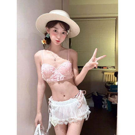 Thai-Style Fresh Underwire Bikini with Push-Up and Beautiful Back, High-End Pink Two-Piece Swimsuit for Women with Chest Pads, Three-Piece Set, Pure Desire